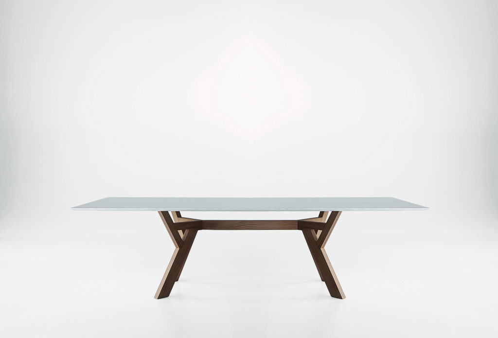 Table de réception Trigono avec piètement en bois teinté et plateau en marbre Bross