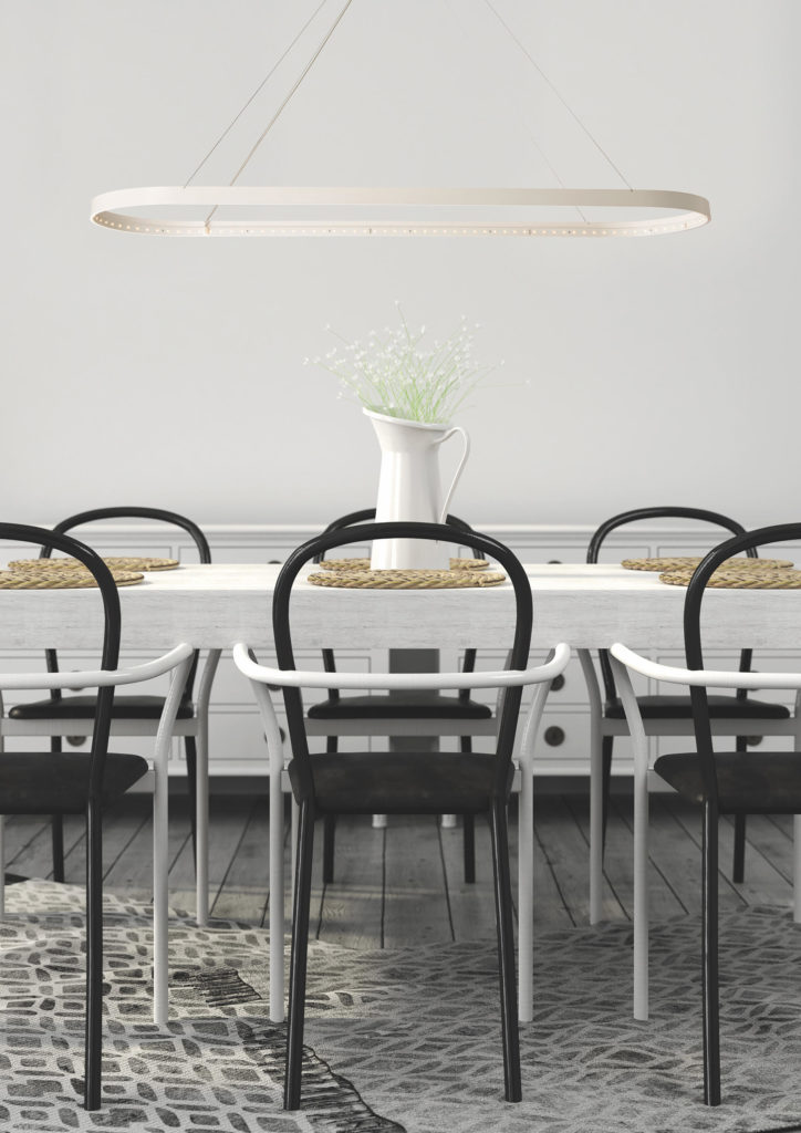 white dining table with black chairs