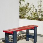 Weekday Bench L111 wine red and steel blue wb lacquered pinewood