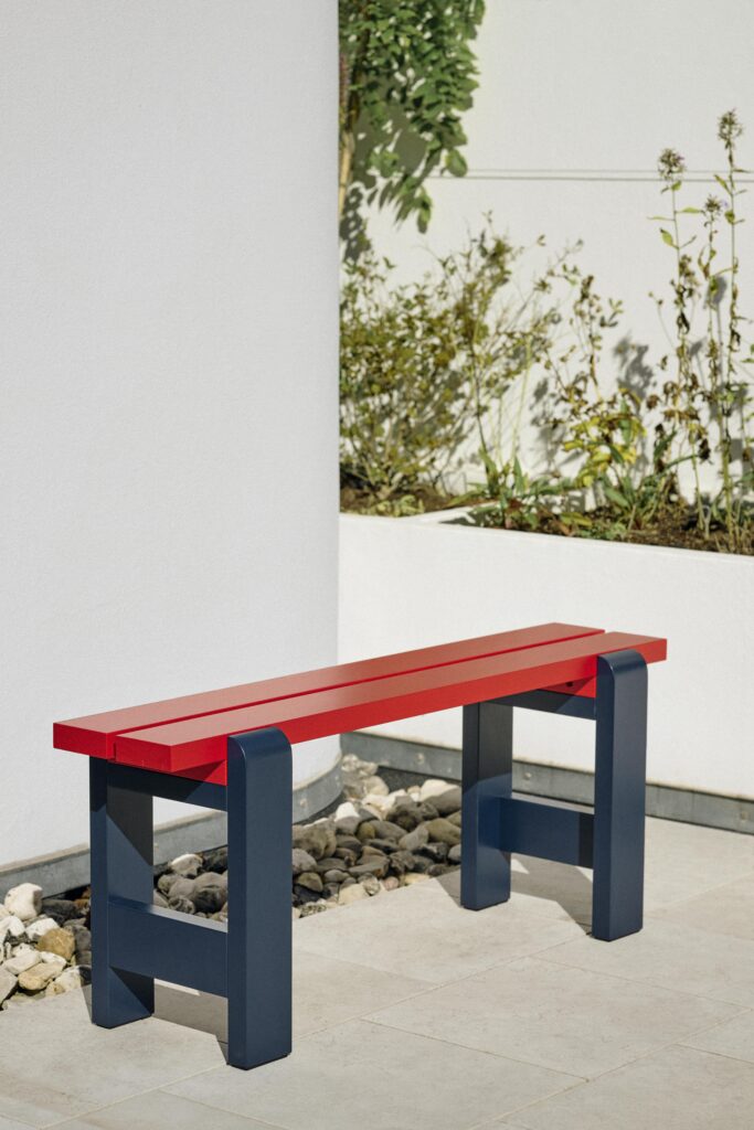 Weekday Bench L111 wine red and steel blue wb lacquered pinewood