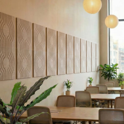 Cafe interior with a row of decorative panel art on the wall, light wood tables and beige chairs near a large window plus potted plants.