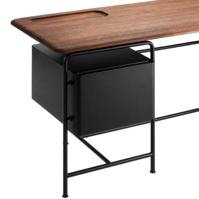 Black metal-framed console table with a warm wood top and a built-in storage cabinet underneath