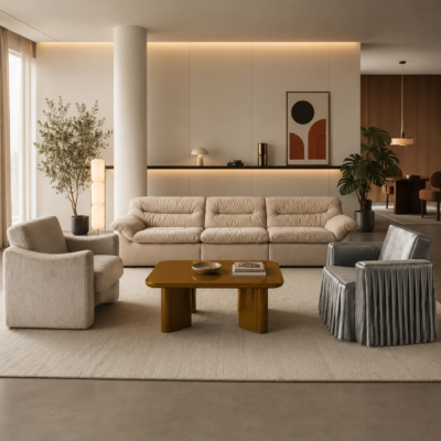 Neutral-toned living room with a beige three-seat sofa, two matching armchairs, and a glossy mustard coffee table on a light rug.