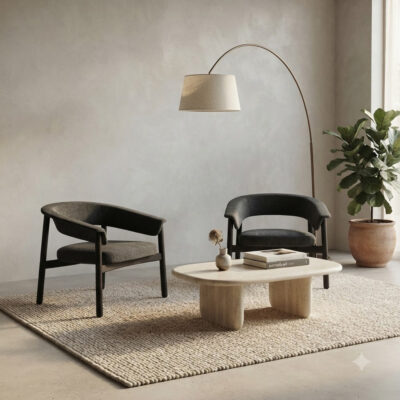 Minimalist living room: two black armchairs around a rounded light wood coffee table on a woven rug with an arched floor lamp and potted plant nearby.