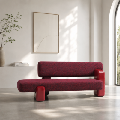 Modern minimalist living room with a burgundy sofa and glossy red legs, a plant in a vase, and an arched window casting light onto the wall.